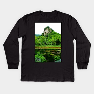 Scenery underneath Castel Trosino medieval village with the emerald tones of the Casette Lake Kids Long Sleeve T-Shirt